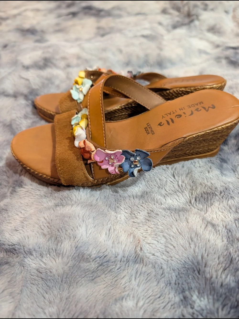 Mariella Brown Wedge Sandals with Colorful Floral Embellishments